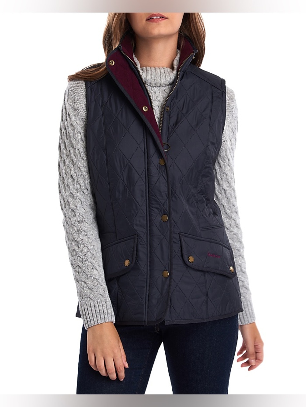 EUC Barbour Calvary Fleece Lined Quilted Vest Navy/Merlot Size 10